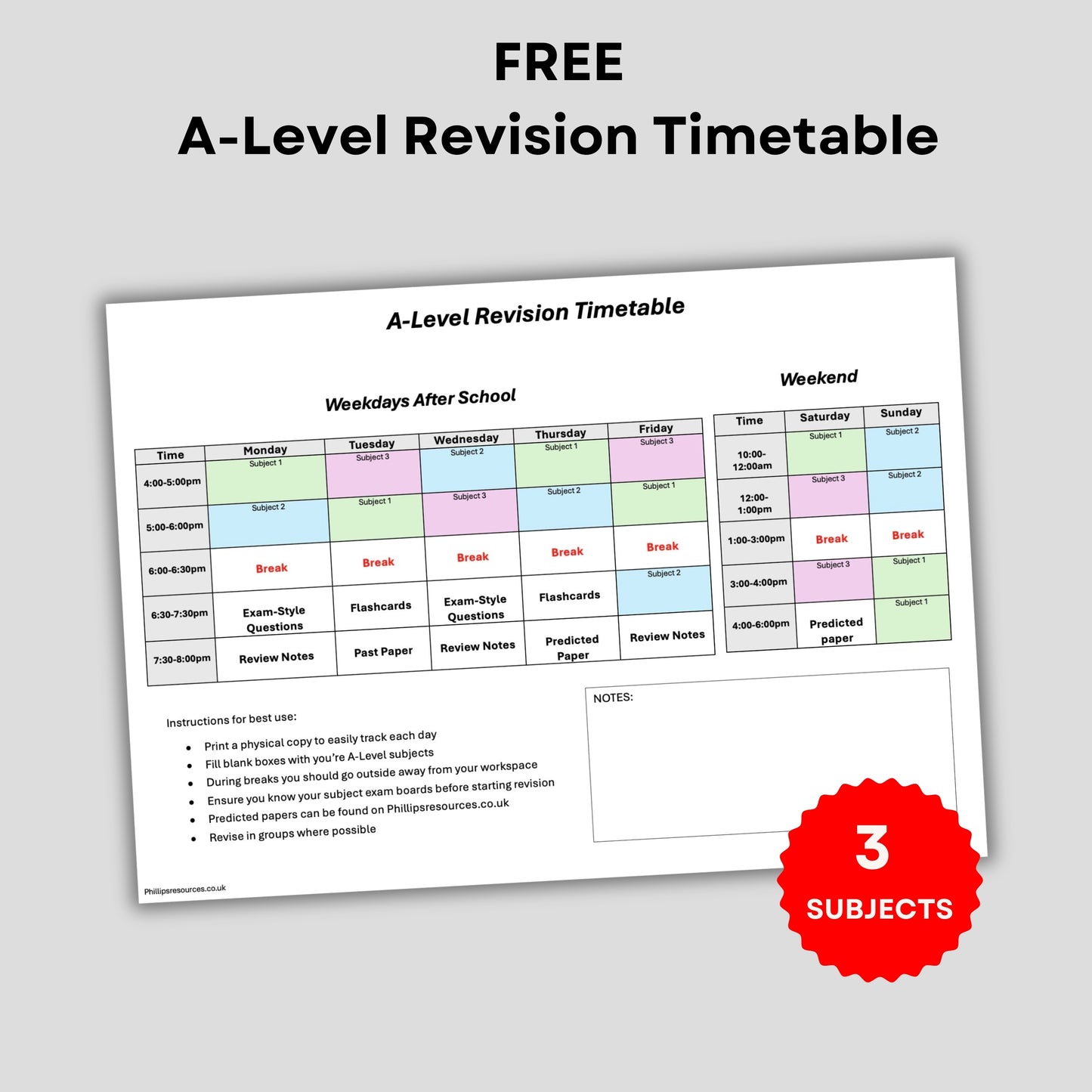 FREE A-Level Revision Timetable: 3 Subjects