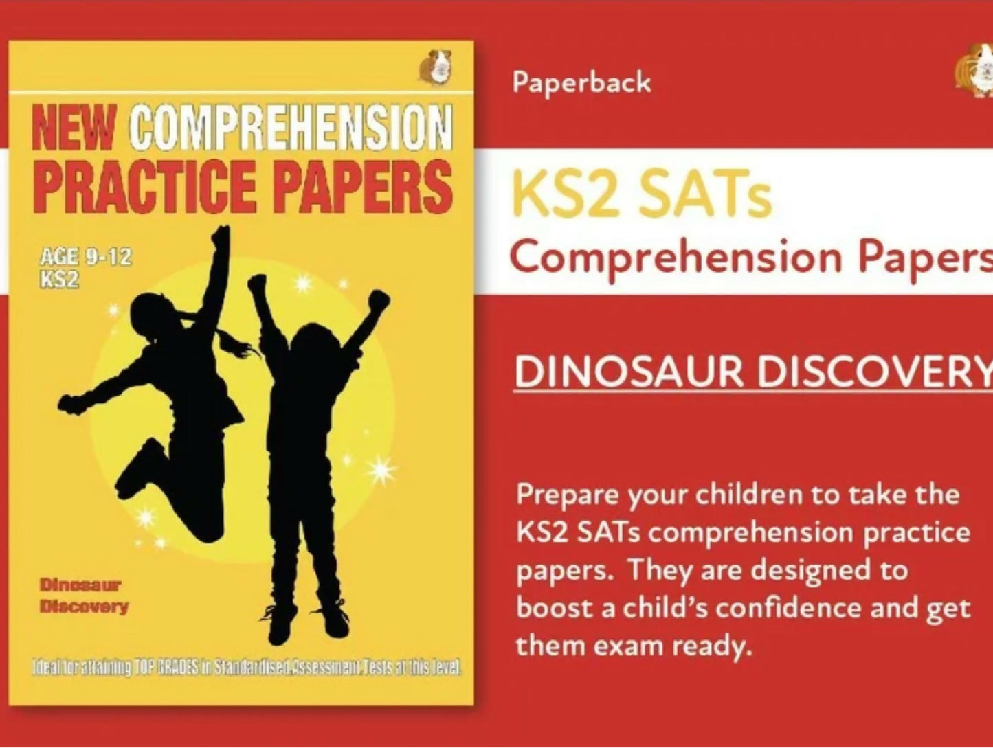Book cover of 'New Comprehension Practice Papers' for KS2 SATs with silhouettes of children on a yellow and red background.