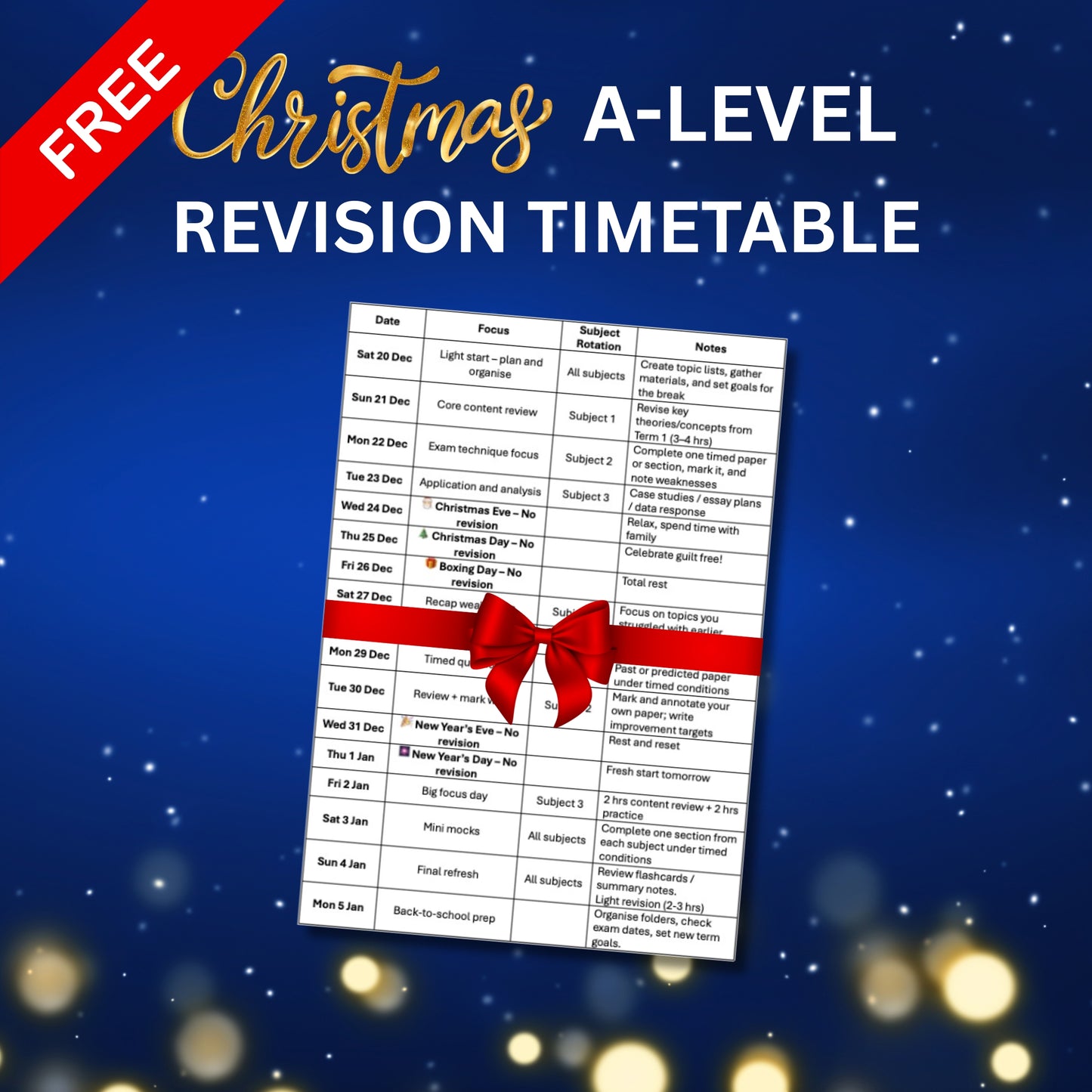 Christmas Holidays A-Level Revision Timetable