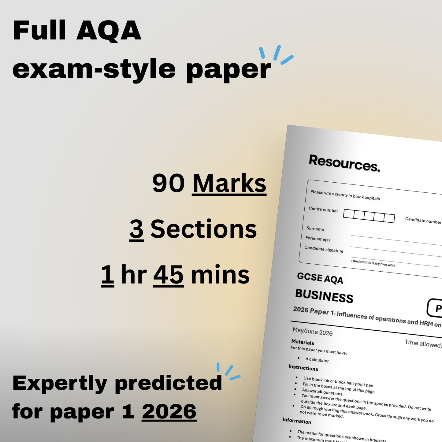 GCSE business AQA 2026 predicted paper 1 with full exam-style mark scheme 90 marks, 3 sections 1 hour 45 minutes