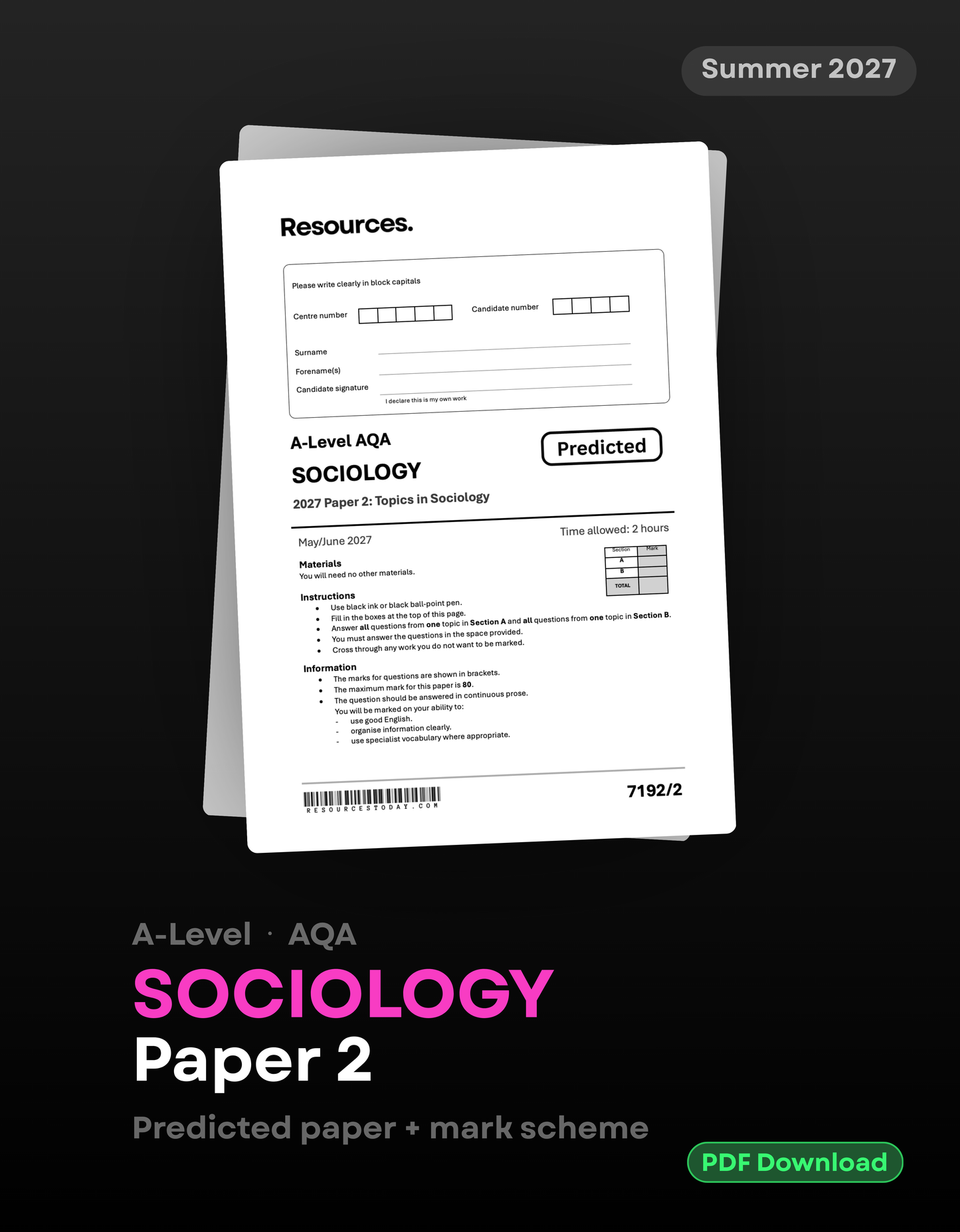 A-Level Sociology AQA Predicted Paper 2 2027