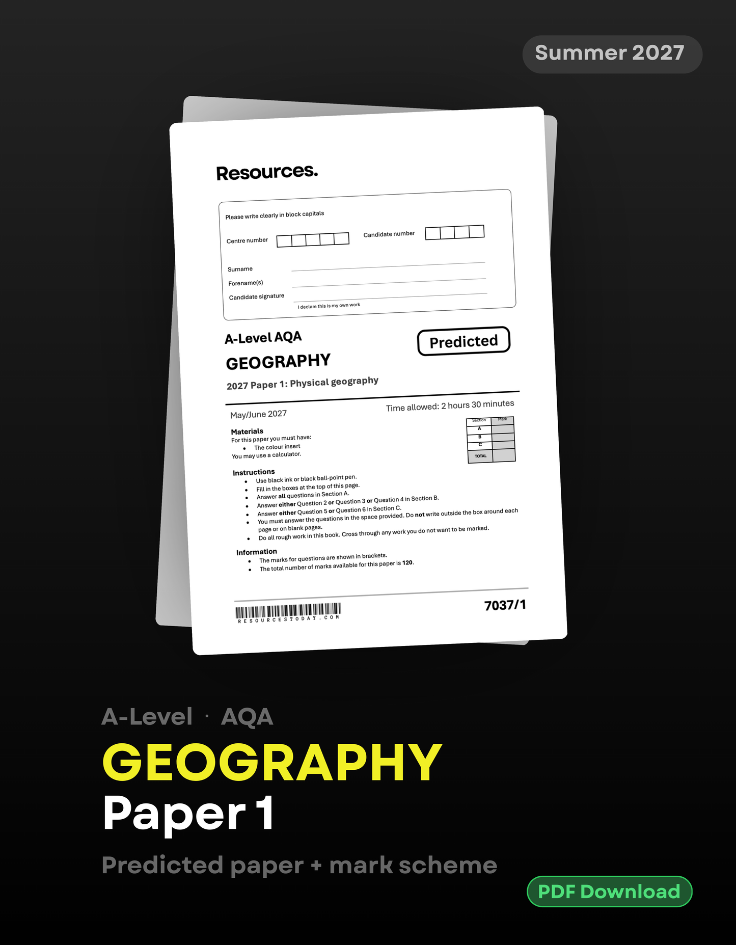 A-Level Geography AQA Predicted Paper 1 2027
