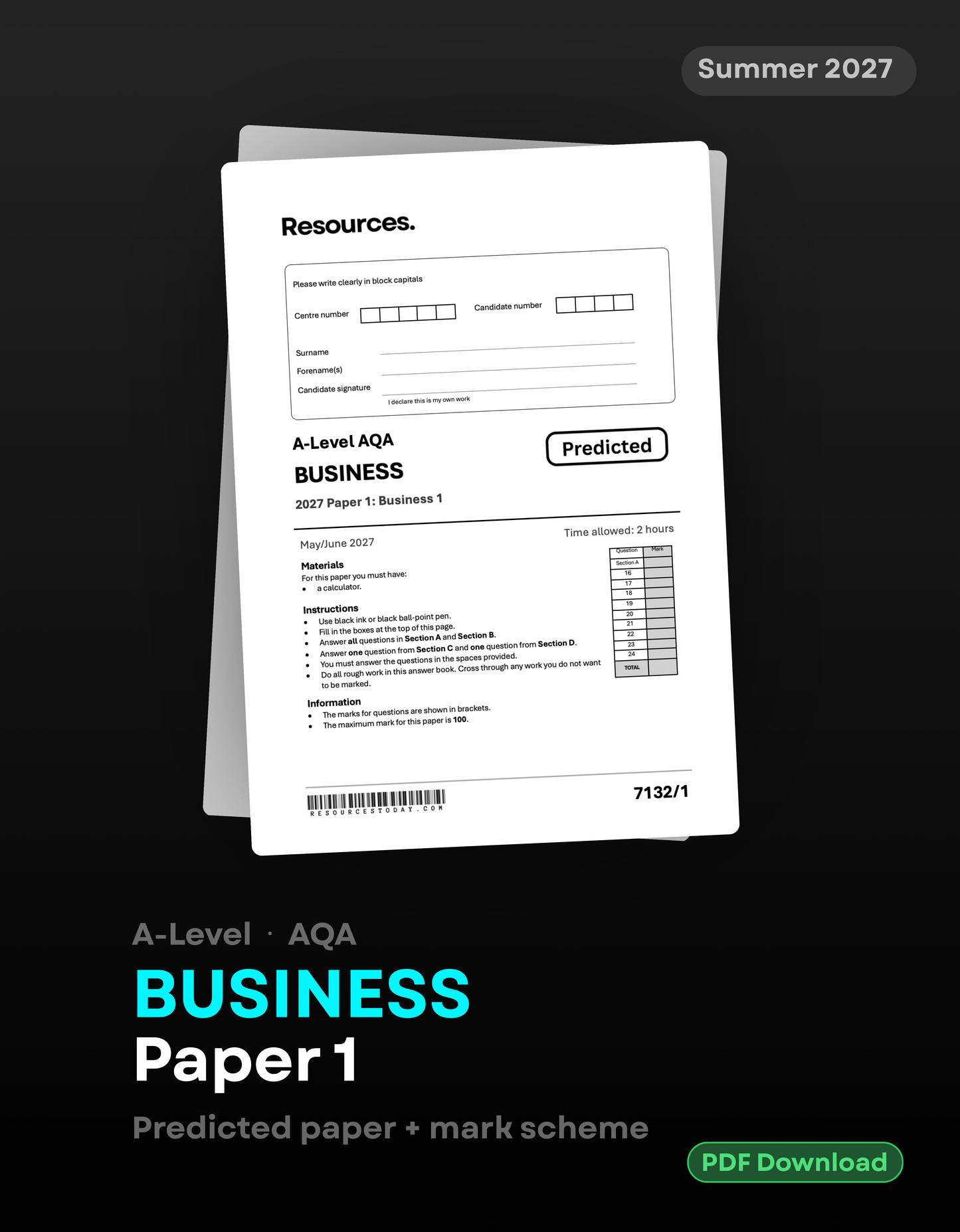 A-Level Business AQA Predicted Paper 1 2027