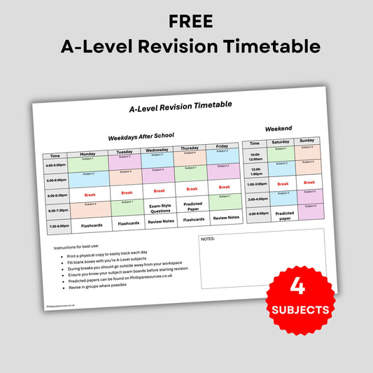FREE A-Level Revision Timetable: 4 Subjects