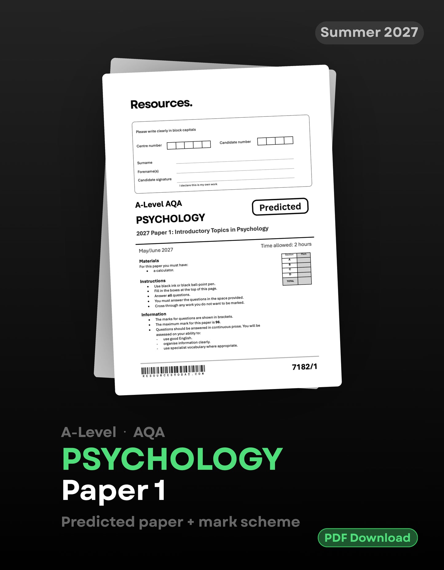 A-Level AQA Psychology predicted paper 1 for 027 front cover 2 hours with 96 marks and full mark scheme PDF download 