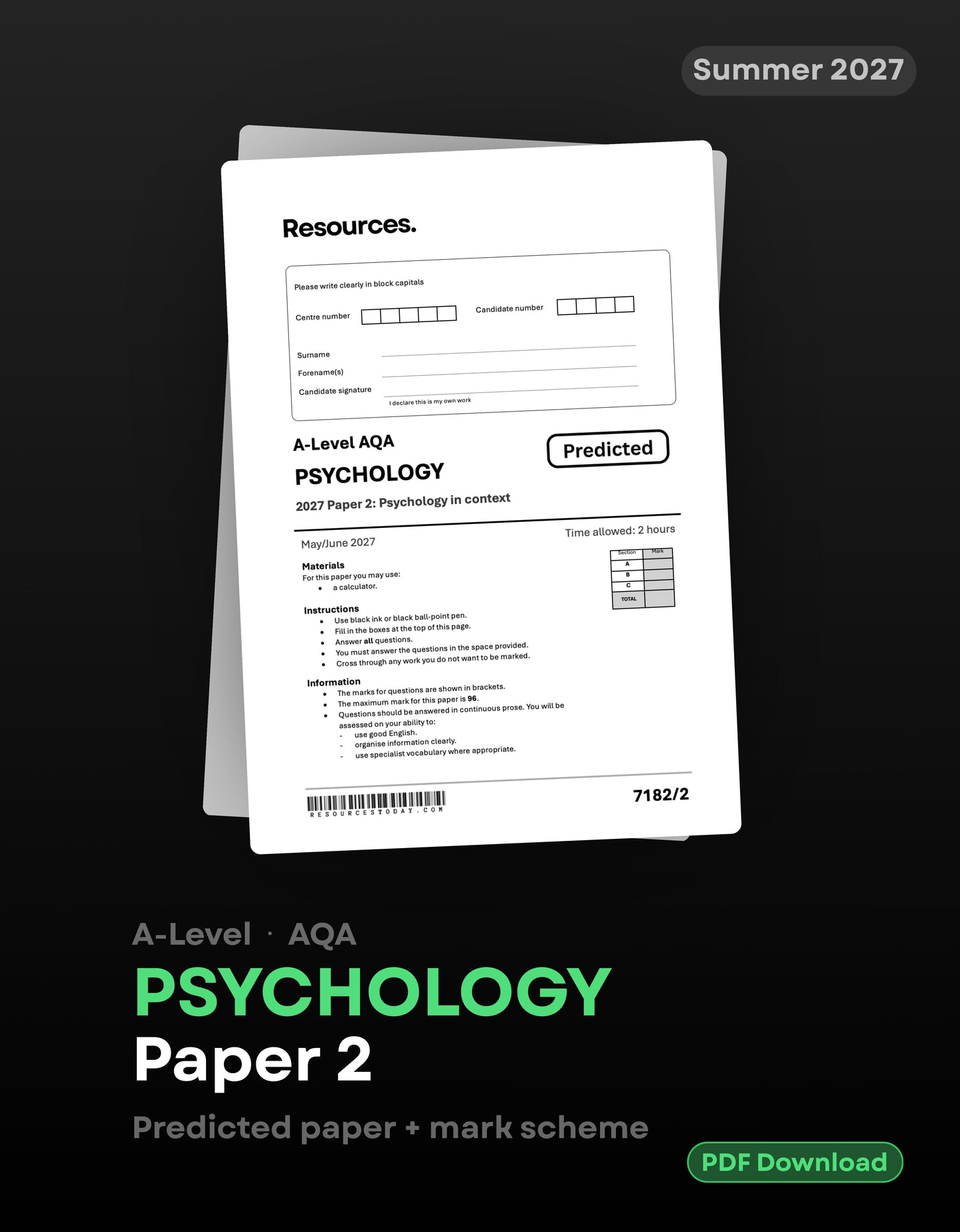 a-level psychology AQA predicted paper 2 for 2027 front cover 2 hours with 96 marks includes full mark scheme