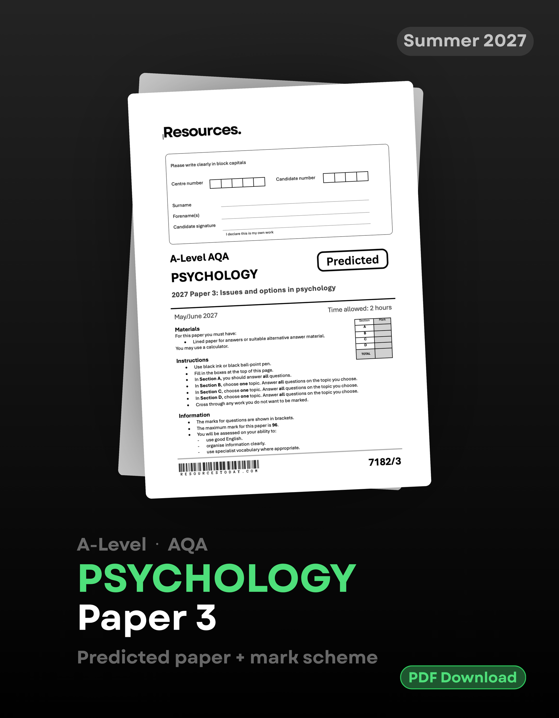 A-Level AQA psychology predicted paper for 2027 with full mark scheme