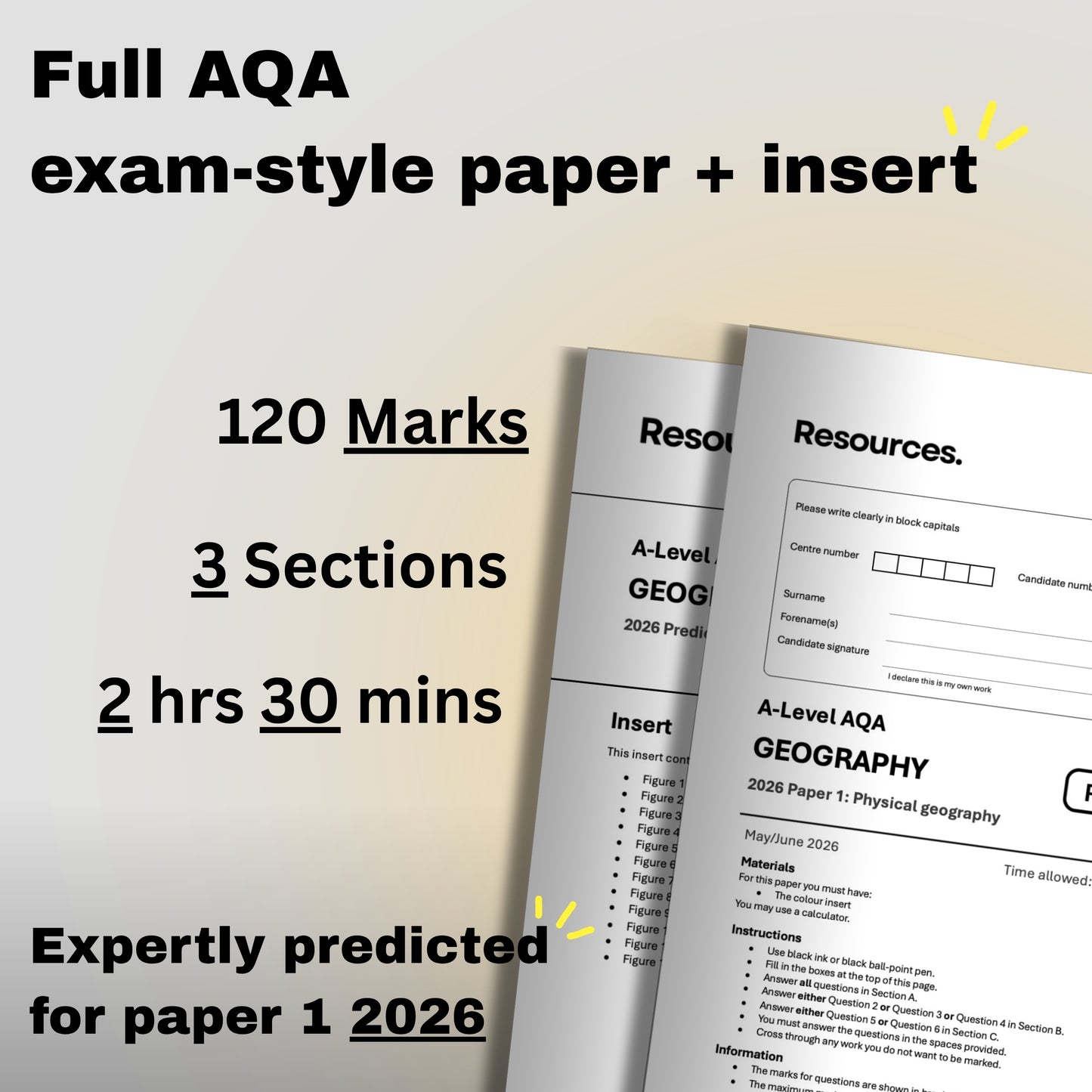 A-level Geography AQA 2026 predicted paper 1 exam-style insert 120 marks, 3 section, 2 hours 30 minutes 