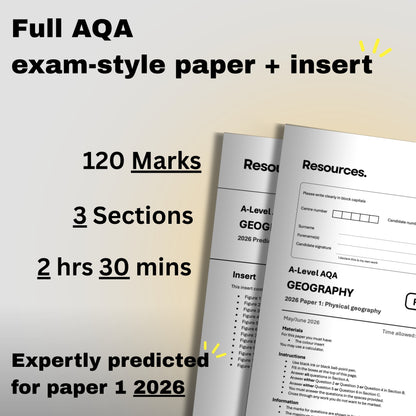 A-level Geography AQA 2026 predicted paper 1 exam-style insert 120 marks, 3 section, 2 hours 30 minutes 