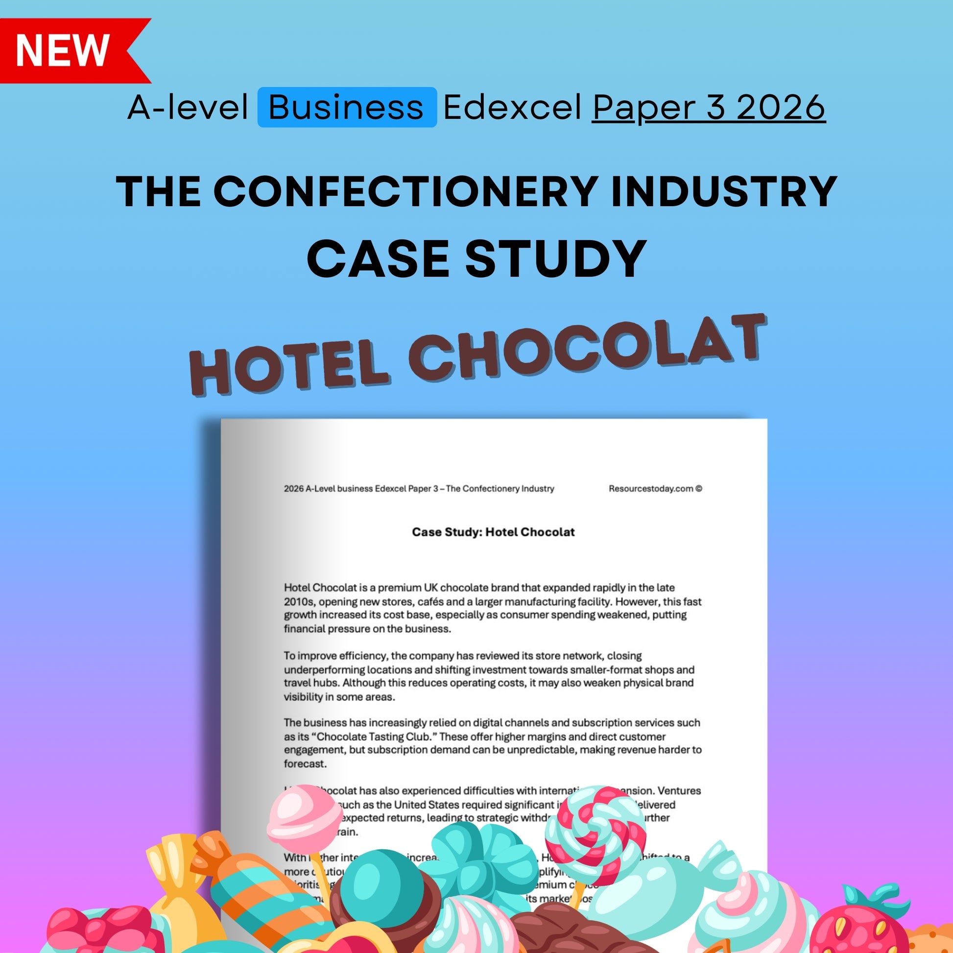 Hotel Chocolat case study on A-level Business Edexcel Paper 3 2026 with colorful candy graphics.