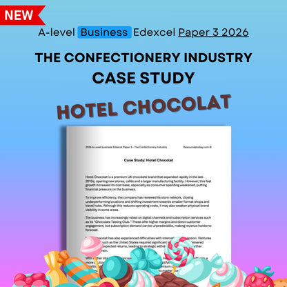 Hotel Chocolat case study on A-level Business Edexcel Paper 3 2026 with colorful candy graphics.