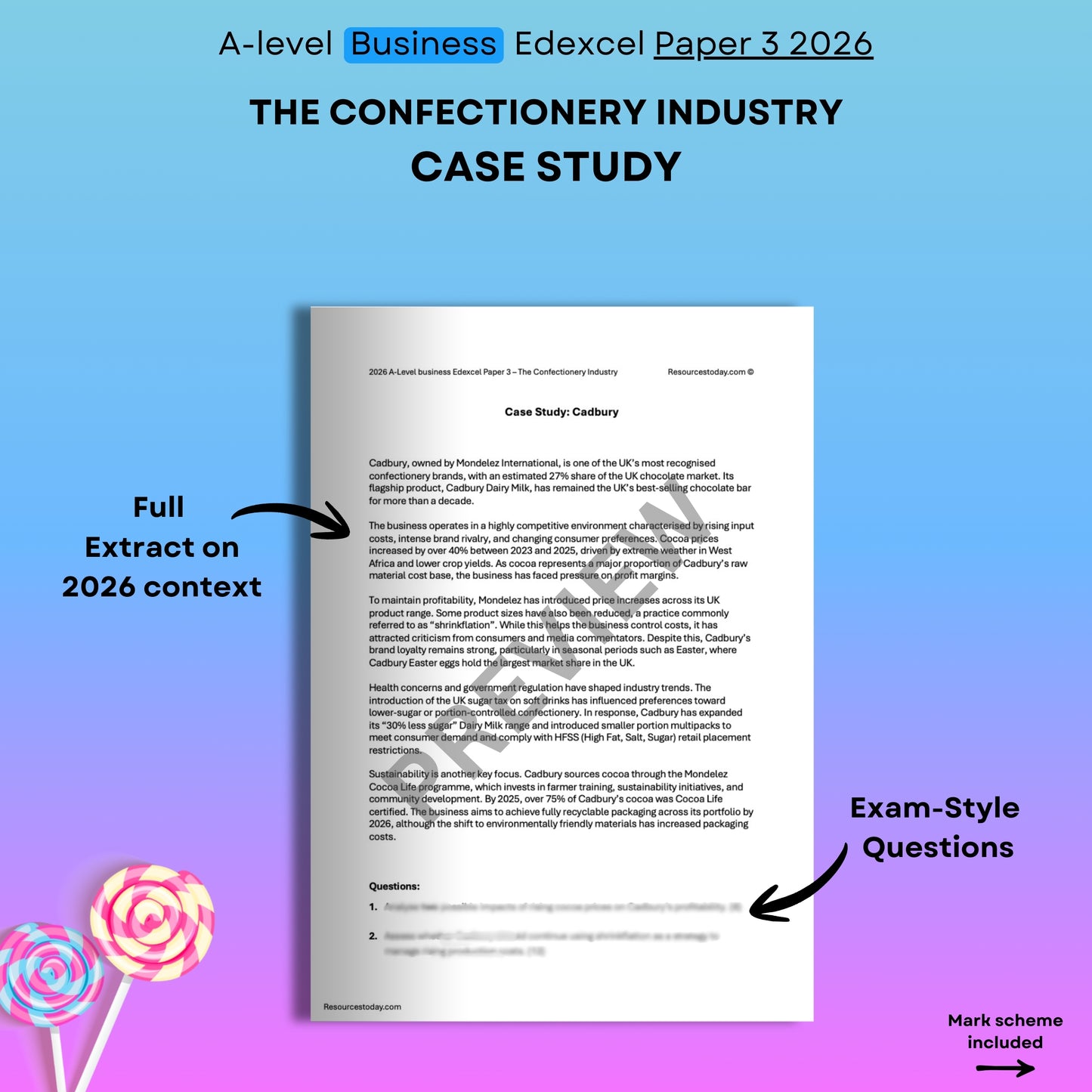 A-level Business Edexcel Paper 3 2026 confectionery industry case study with exam-style questions and mark scheme on a blue and purple gradient background.