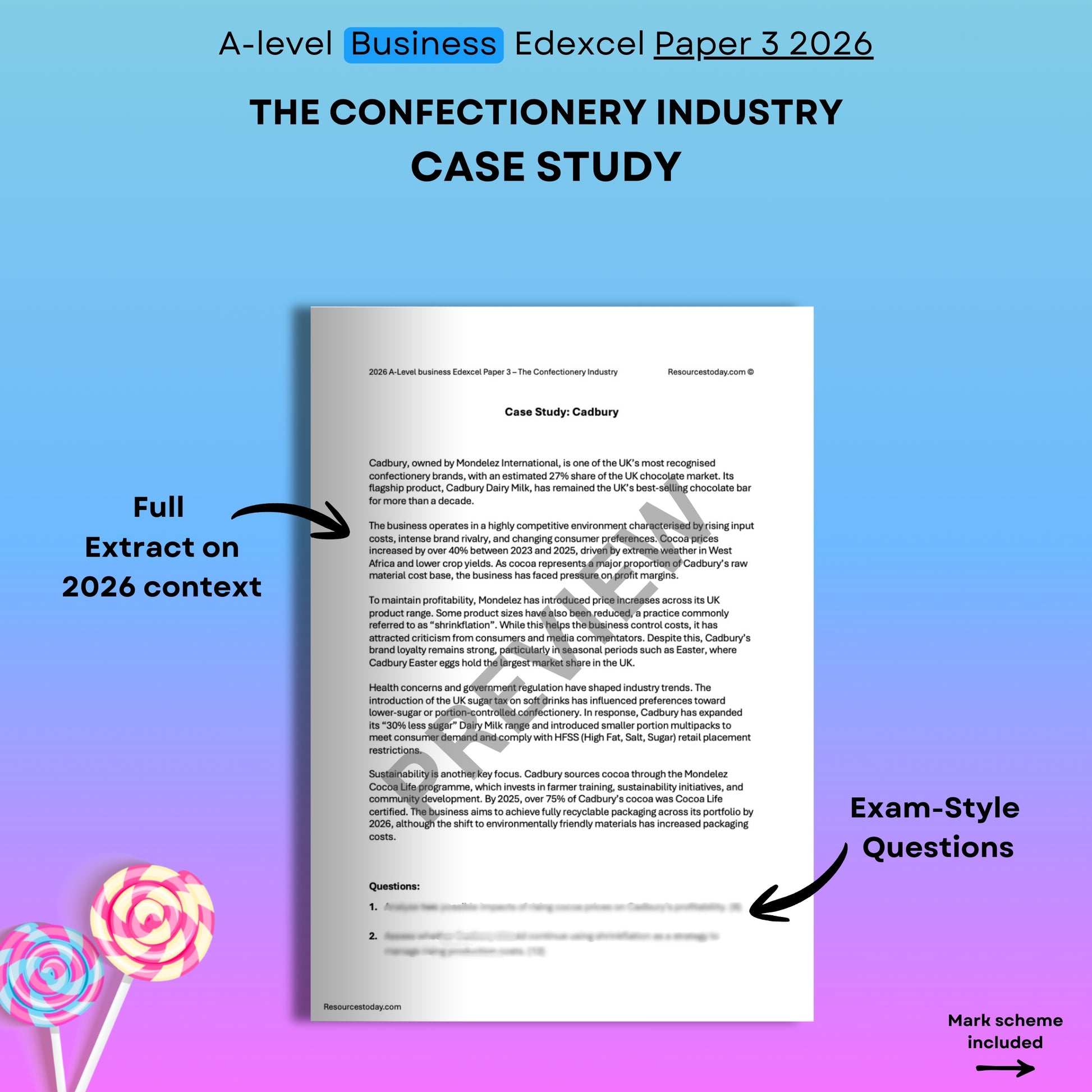 A-level Business Edexcel Paper 3 2026 confectionery industry case study with exam-style questions and mark scheme on a blue and purple gradient background.