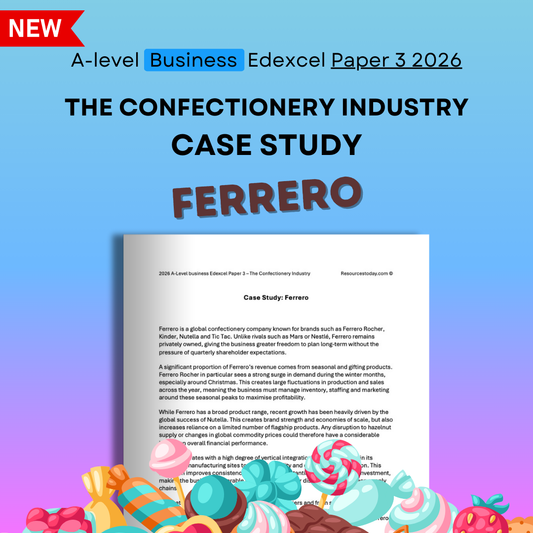 A-level Business Edexcel Paper 3 2026 case study on Ferrero, with colorful confectionery items at the bottom.