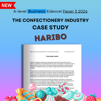 Haribo case study for A-level Business Edexcel Paper 3 2026 on a colorful background with candy graphics.