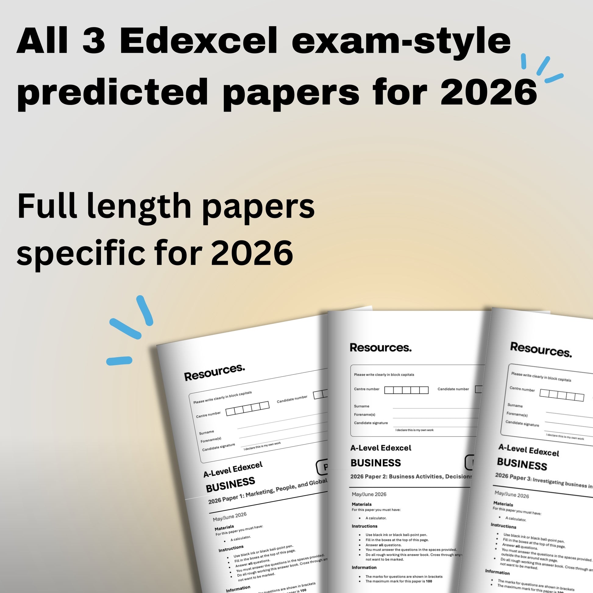 Three A-Level business Edexcel exam-style predicted papers for 2026