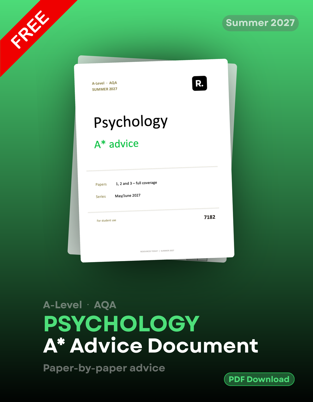 Promotional graphic for a free A-Level AQA Psychology A* Advice document. A white document mockup is centered on a green gradient background, with a red 'FREE' banner in the top-left corner and a green 'PDF Download' button at the bottom right.