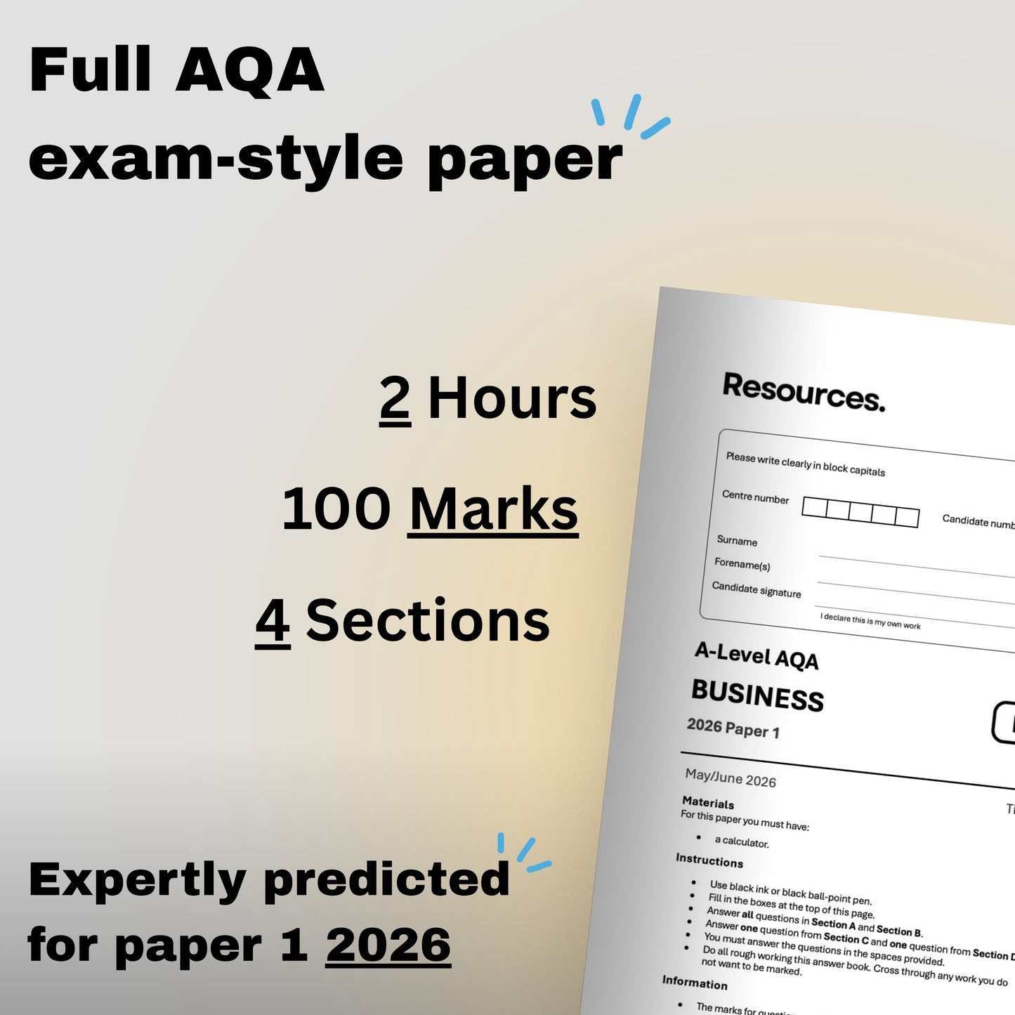 A-Level Business AQA 2026 predicted paper 1 with text indicating its features and purpose.