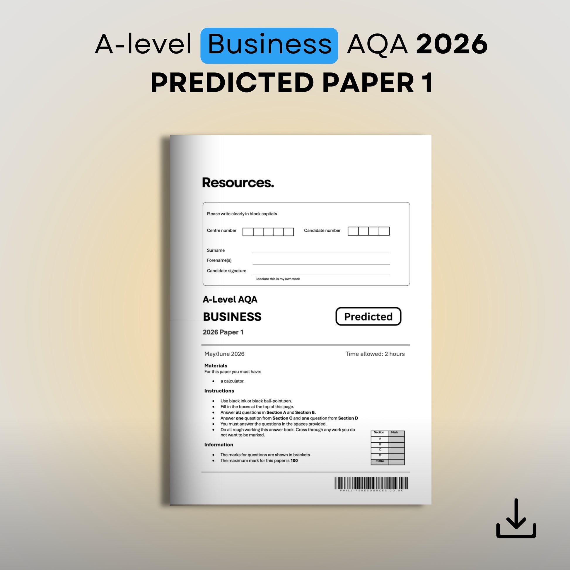 A-level Business AQA 2026 Predicted Paper 1 document on a gradient background
