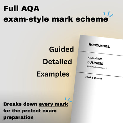 A-level Business AQA 2026 predicted paper 2 exam-style mark scheme document with text highlighting features for exam preparation.