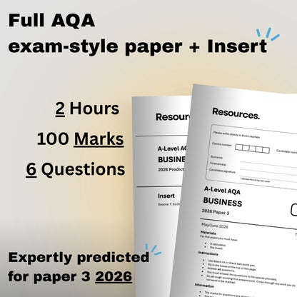 A-Level Business AQA 2026 predicted paper 3 with insert 2 hours, 100 marks, 6 questions with full mark scheme