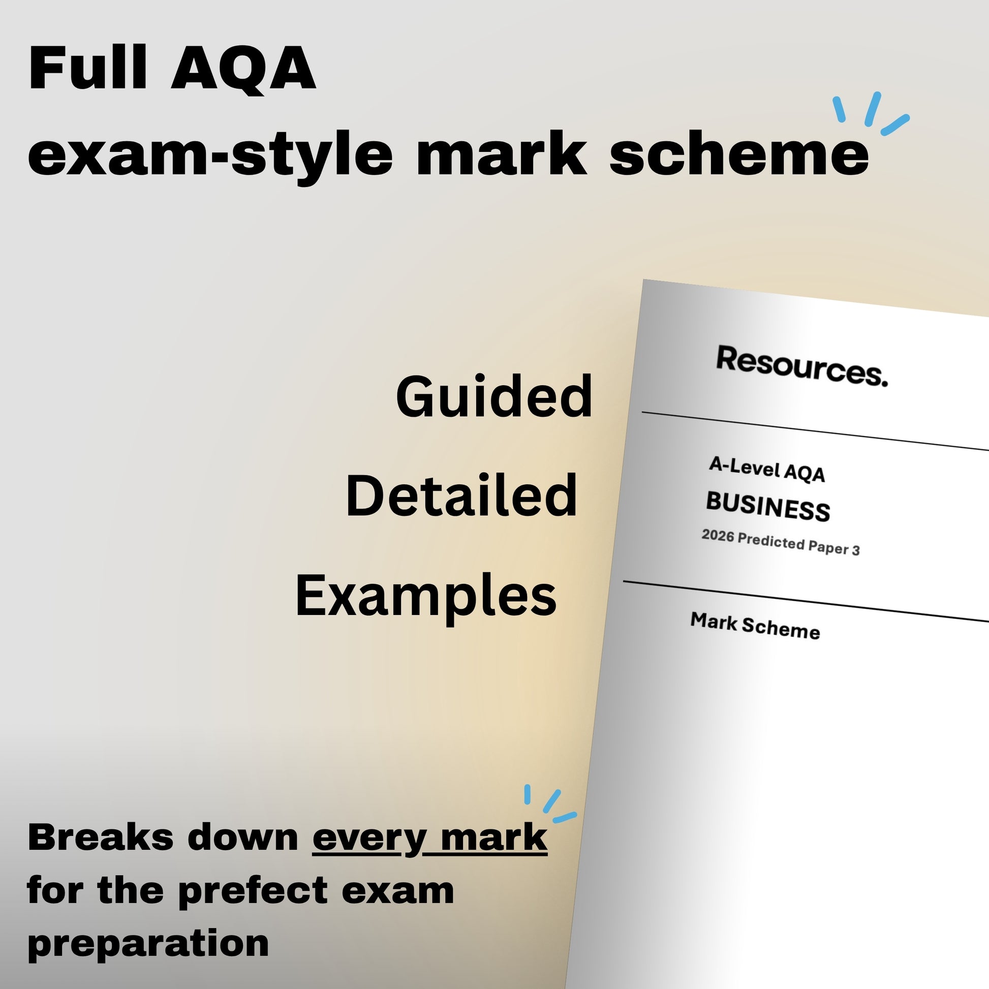 A-Level Business AQA 2026 predicted paper 3 exam-style mark scheme document with text highlighting features for exam preparation.