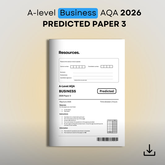 A-level Business AQA 2026 Predicted Paper 3 resource book on a gradient background