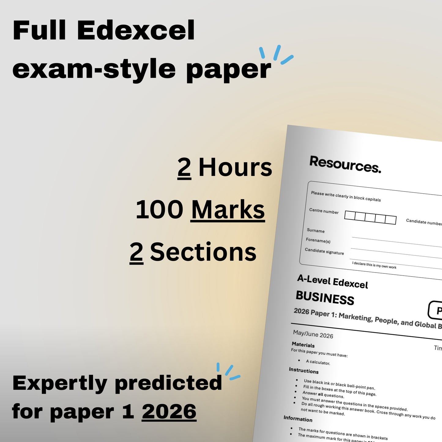A-level Business Edexcel 2026 predicted paper 1 exam-style paper with text indicating exam details and resources.