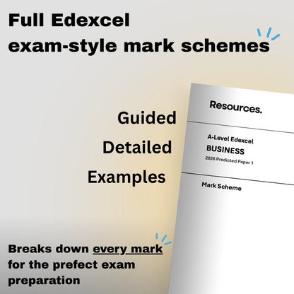 A-Level business Edexcel 2026 predicted paper 1 exam-style mark scheme document with text about exam preparation on a light background