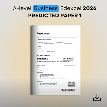 A-level Business Edexcel 2026 Predicted Paper 1 mock test book on a gradient background