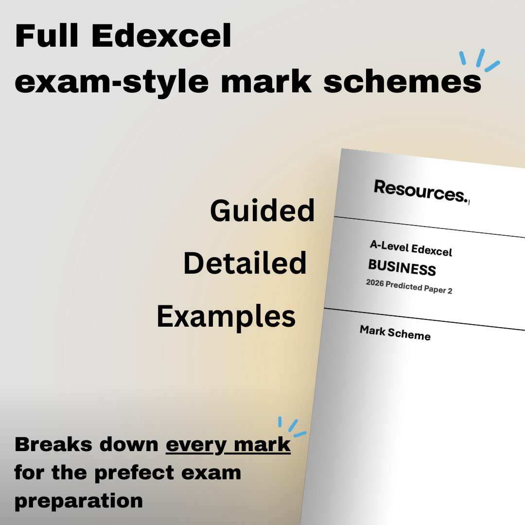 A-level Business Edexcel 2026 predicted paper 2 exam-style mark scheme document with text about exam preparation on a gradient background
