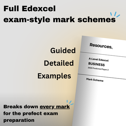 A-level Business Edexcel 2026 predicted paper 2 exam-style mark scheme document with text about exam preparation on a gradient background