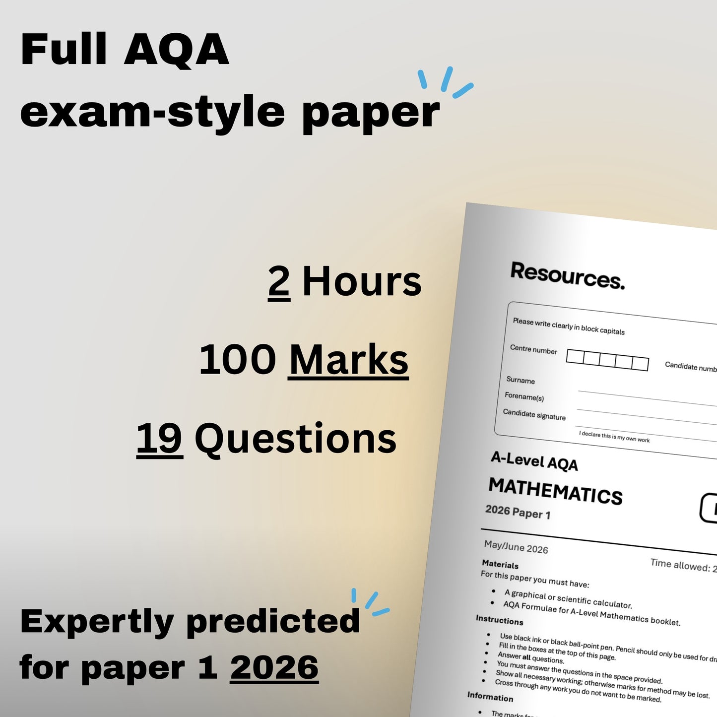 A-Level Maths AQA 2026 predicted paper 1 exam-style paper with details on time, marks, and questions displayed.