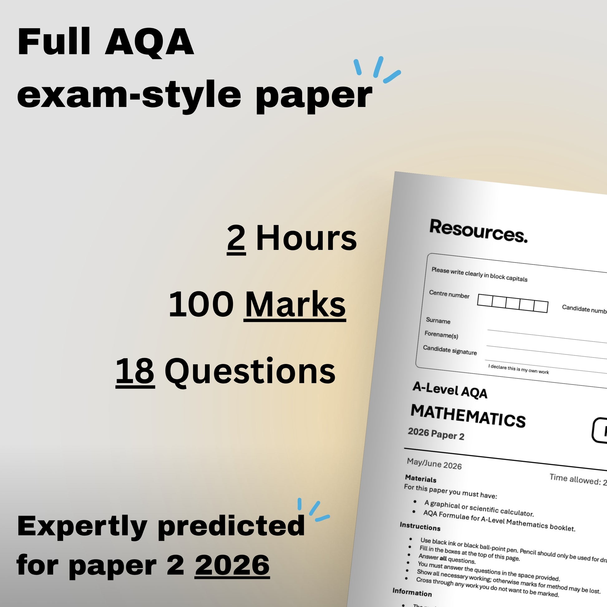 A-level Maths AQA 2026 predicted paper 2 exam-style paper with details on time, marks, and questions