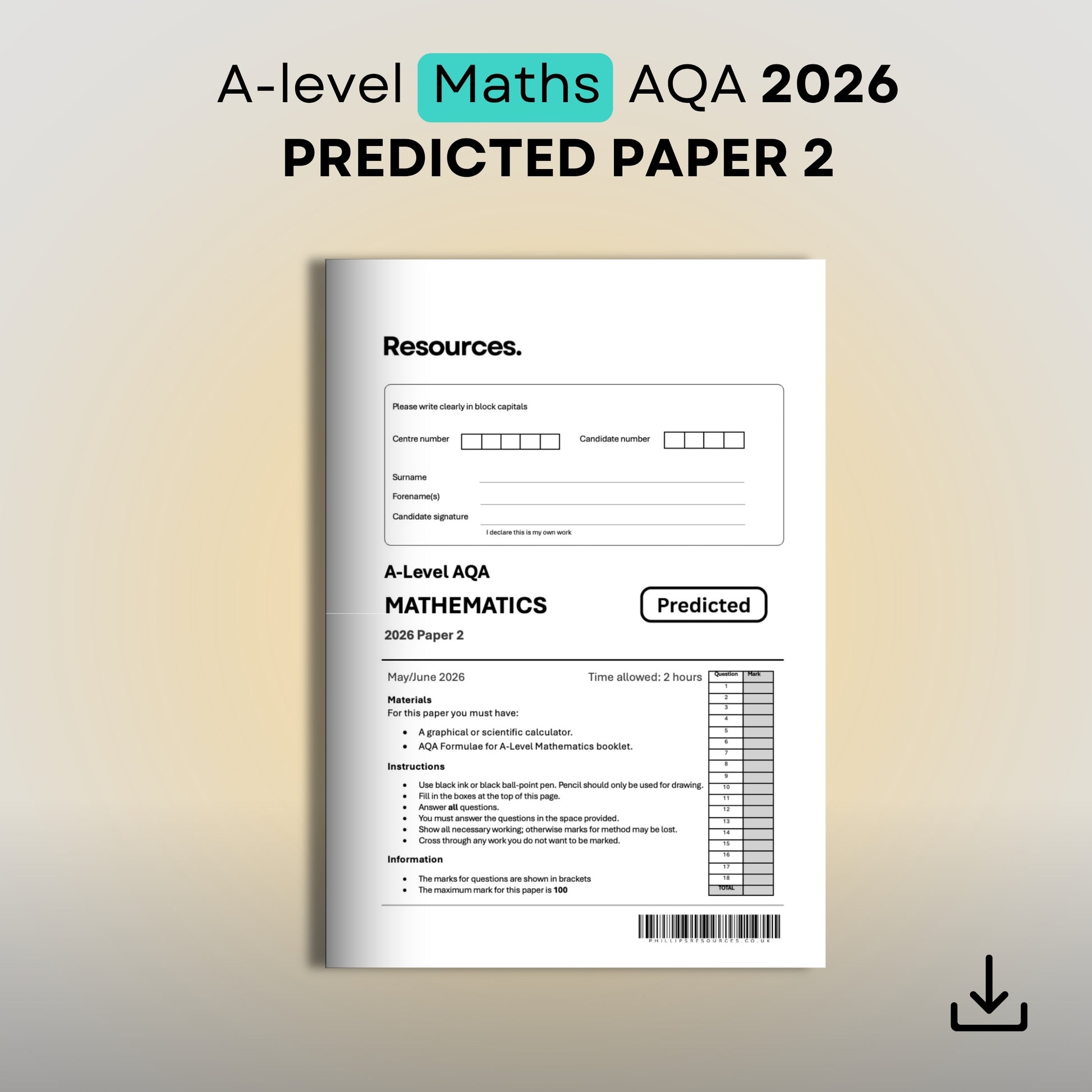 A-level Maths AQA 2026 Predicted Paper 2 document on a gradient background