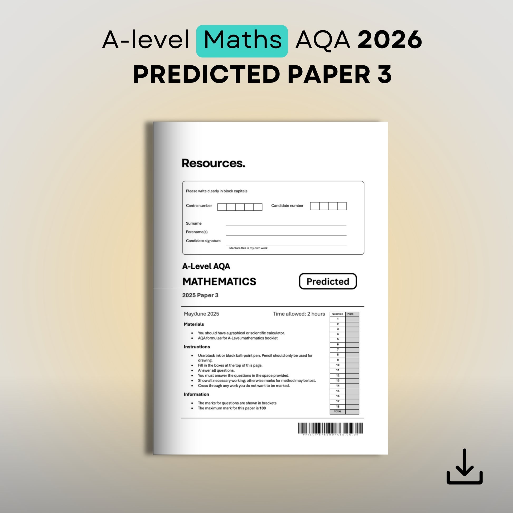 A-level Maths AQA 2026 Predicted Paper 3 book cover on a gradient background