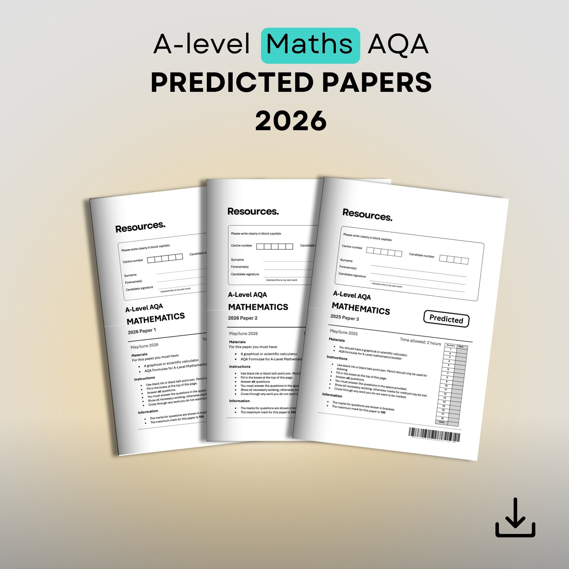 A-level Maths AQA predicted papers bundle for 2026 on a gradient background.
