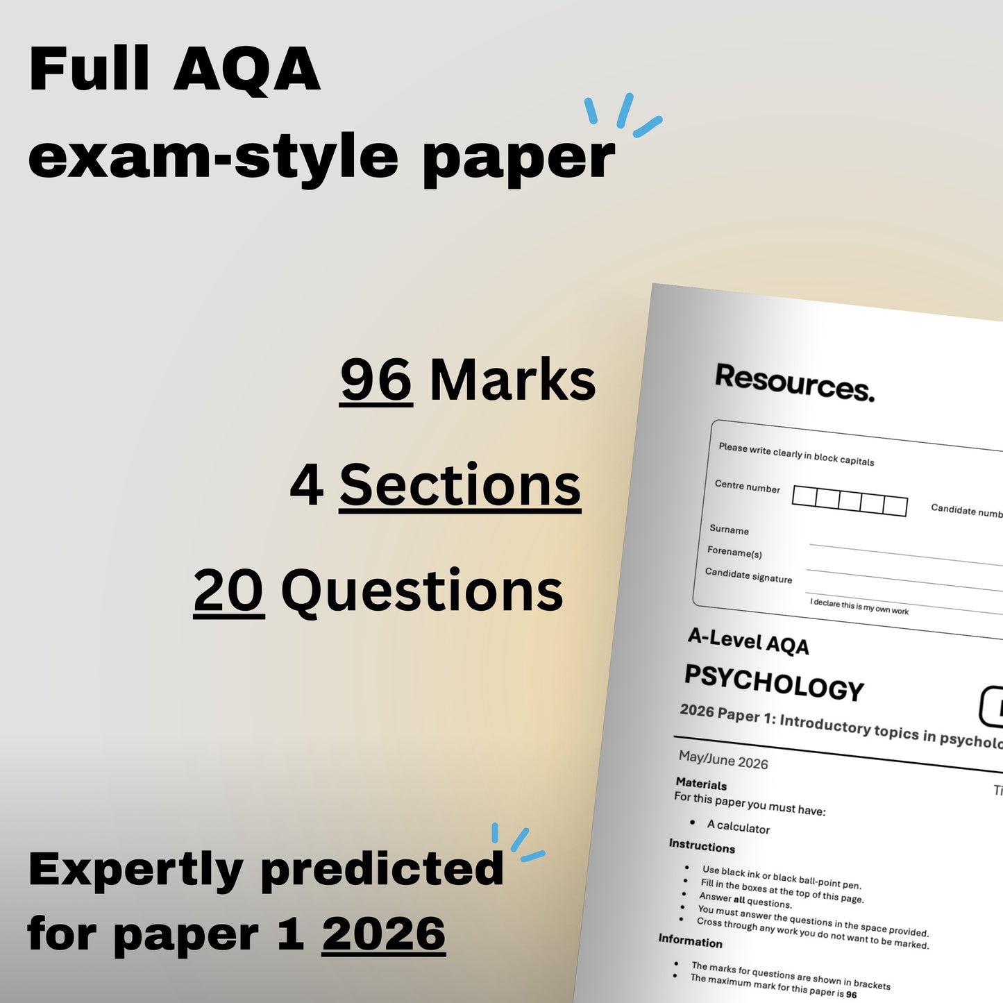 A-level Psychology AQA exam-style predicted paper for 2026 with text indicating details about the paper