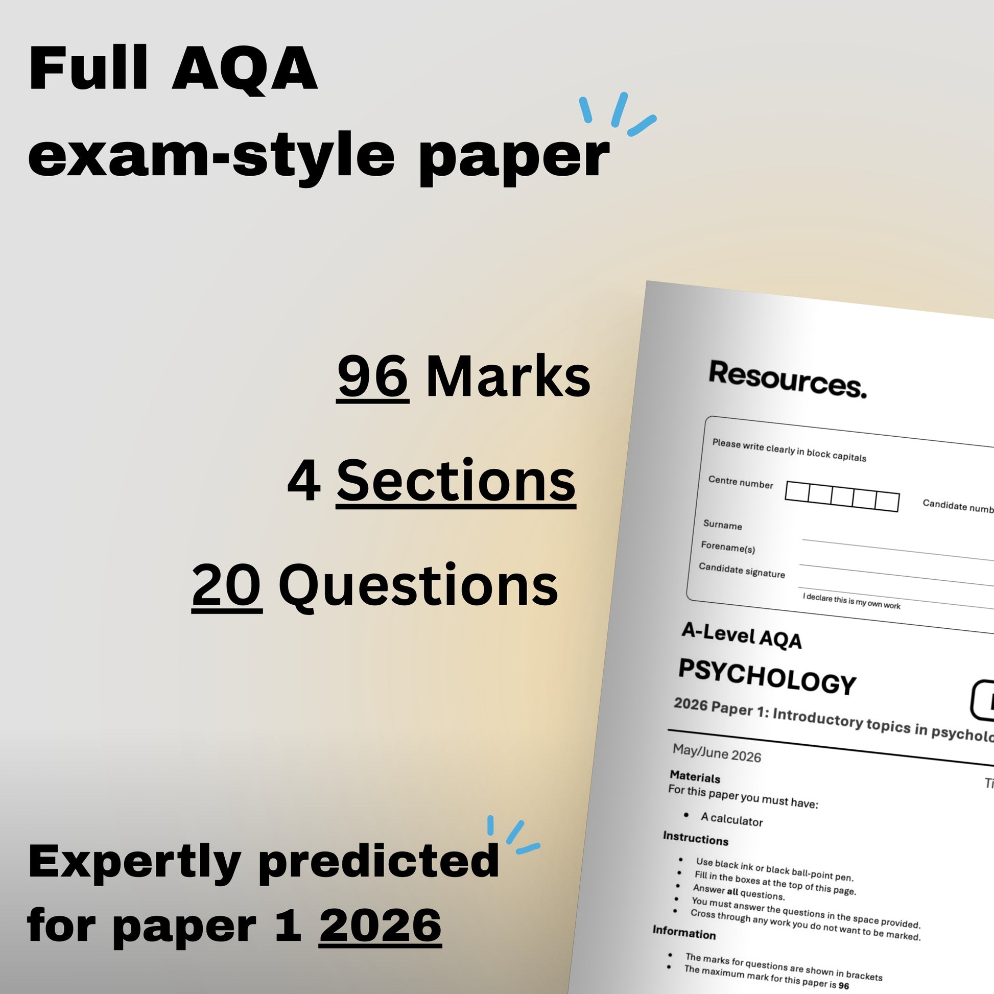 A-level Psychology AQA exam-style predicted paper for 2026 with text indicating details about the paper