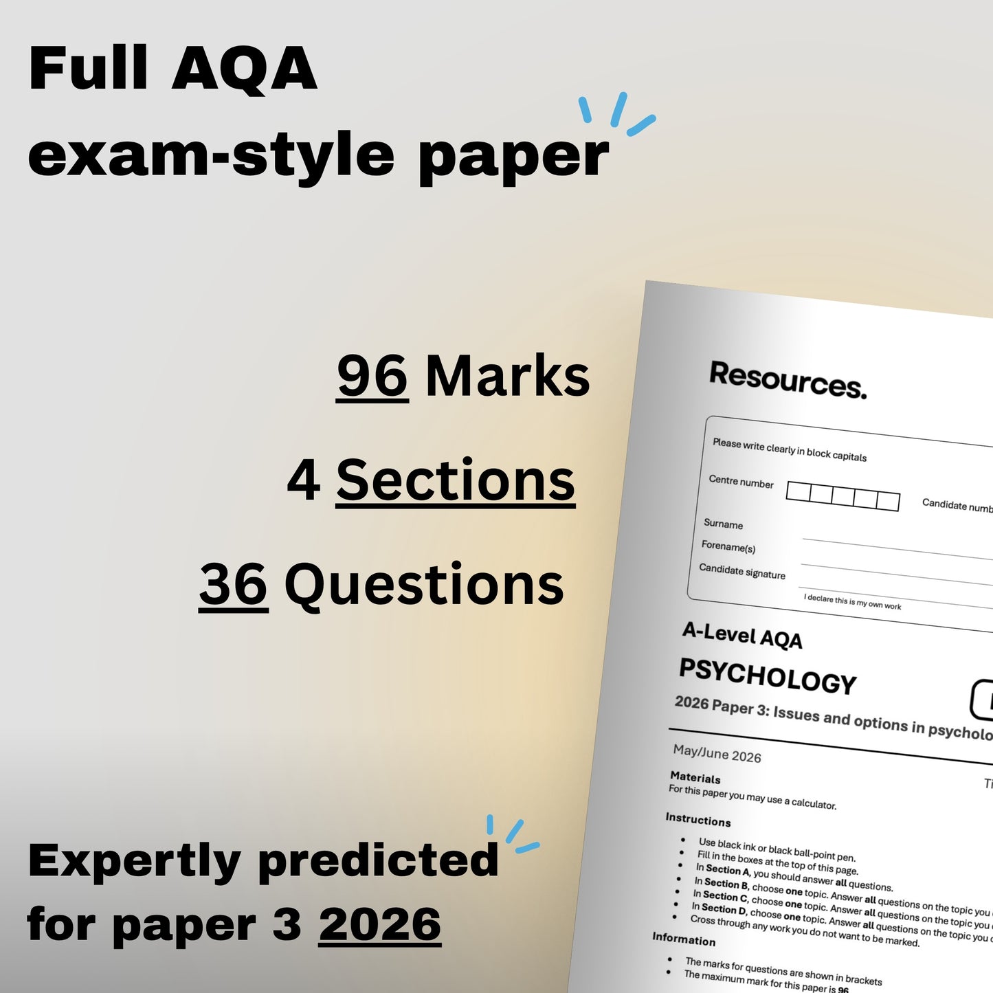 A-Level Psychology AQA predicted paper 3 2026 with text highlighting its features on a light background