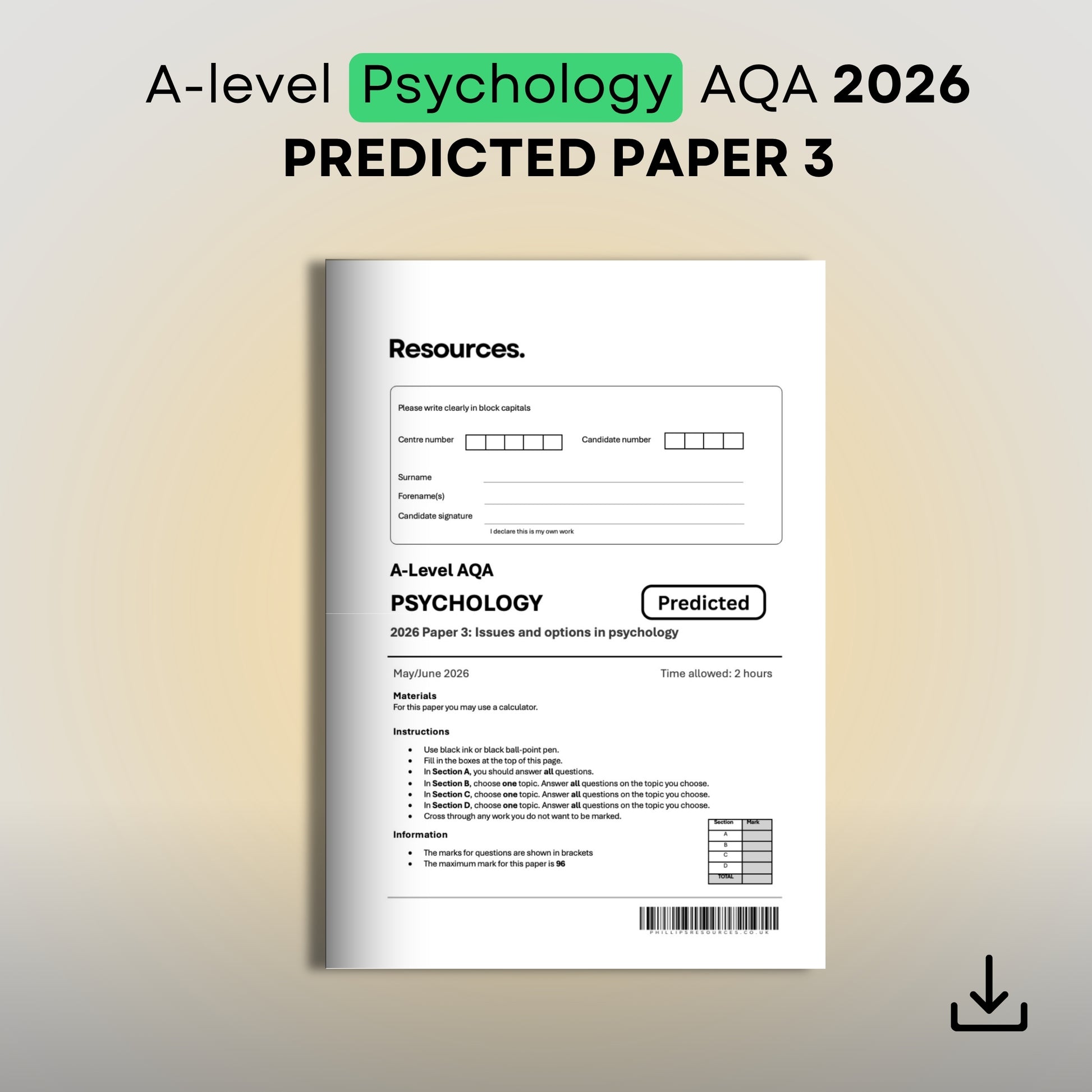 A-level Psychology AQA 2026 Predicted Paper 3 resource book on a gradient background