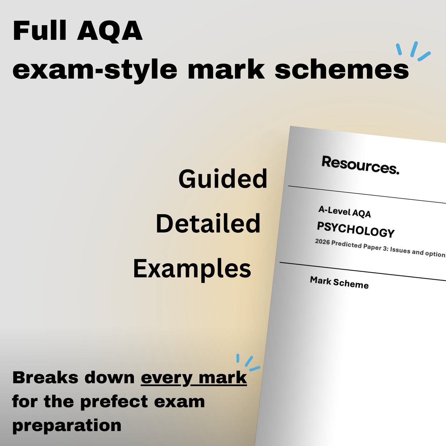A-Level Psychology AQA 2026 predicted papers mark scheme document with text about exam preparation on a gradient background