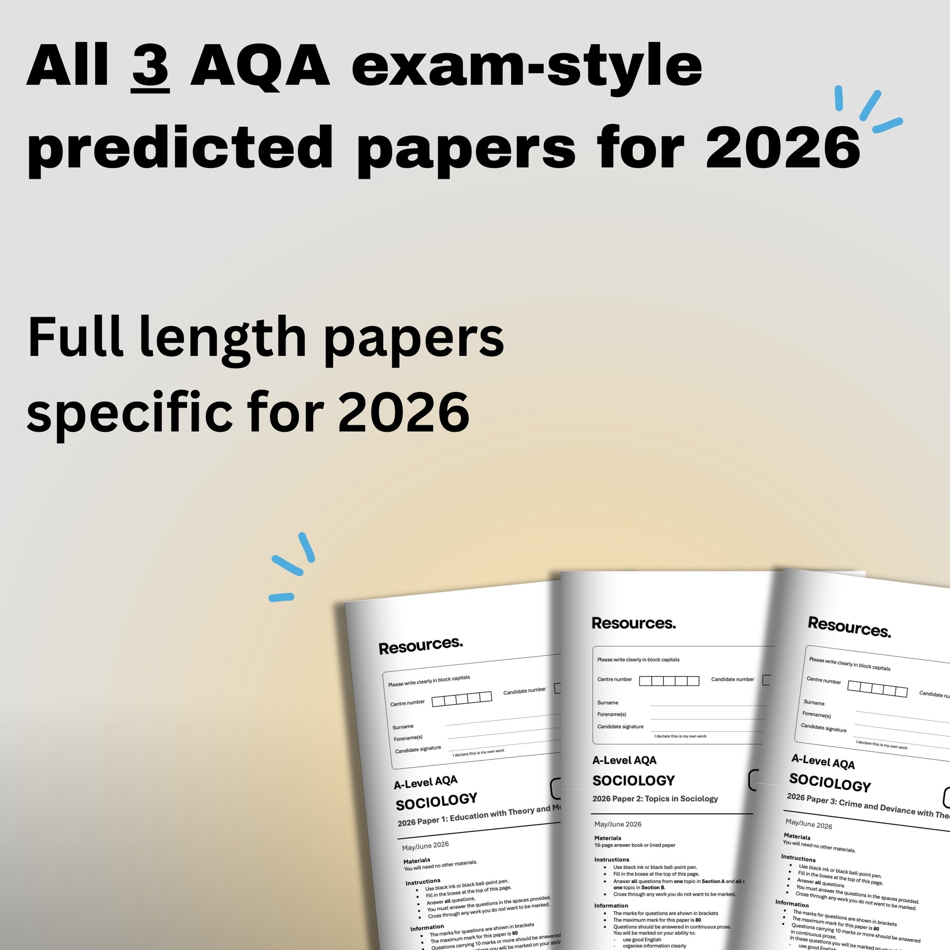 Three Sociology A-Level AQA predicted papers for 2026 on a gradient background