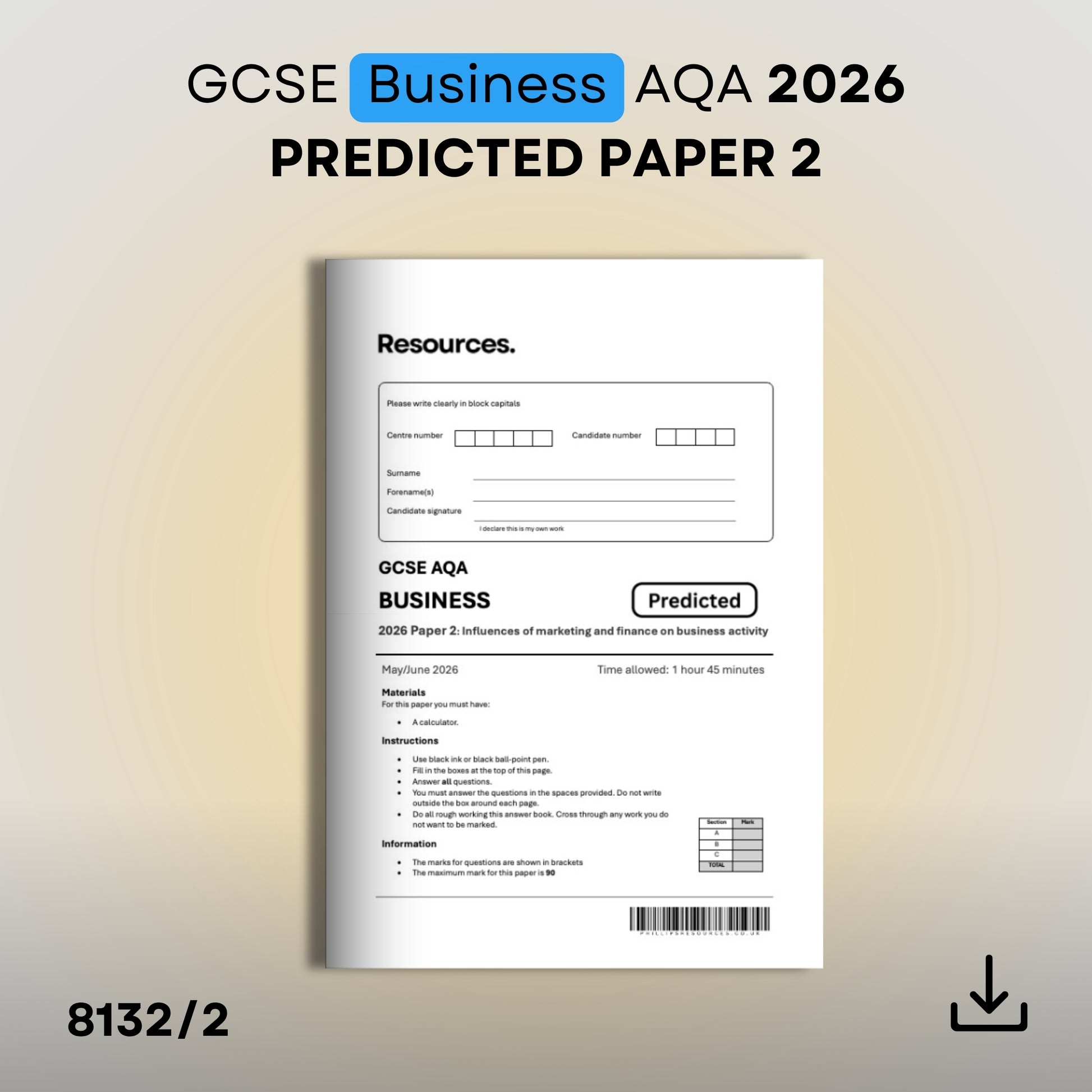 GCSE Business AQA 2026 Predicted Paper 2 exam with mark scheme 8132/2