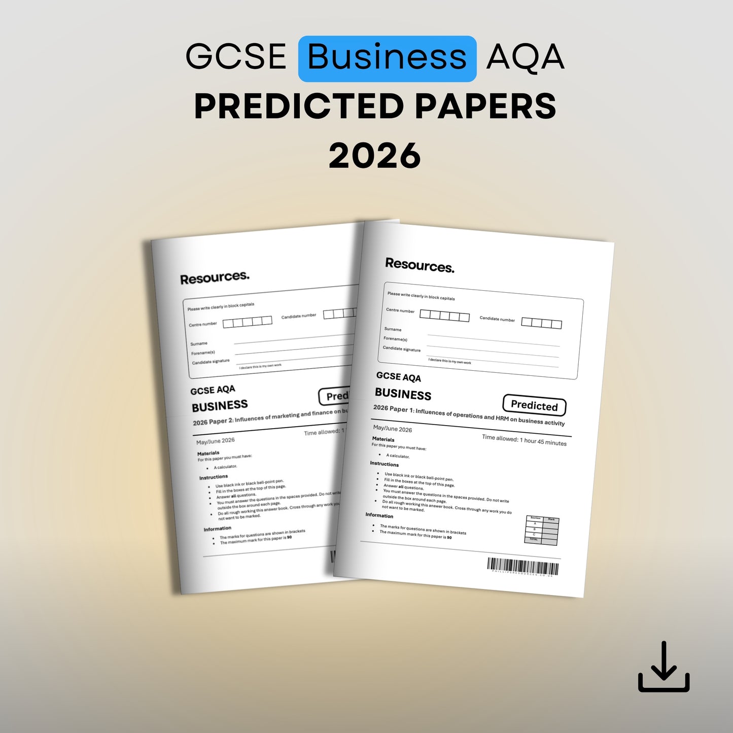 GCSE Business AQA predicted papers 2026 bundle paper 1 and paper 2 with mark schemes