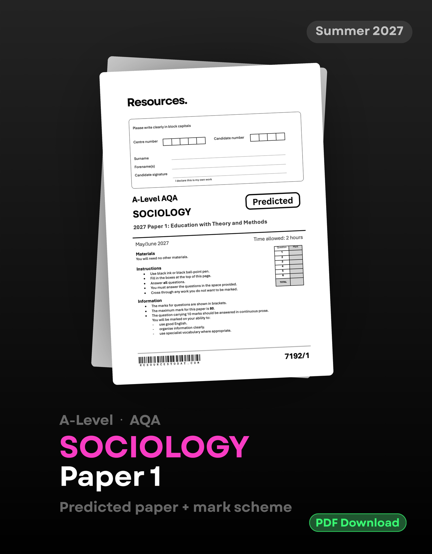 A-Level Sociology AQA Predicted Paper 1 2027