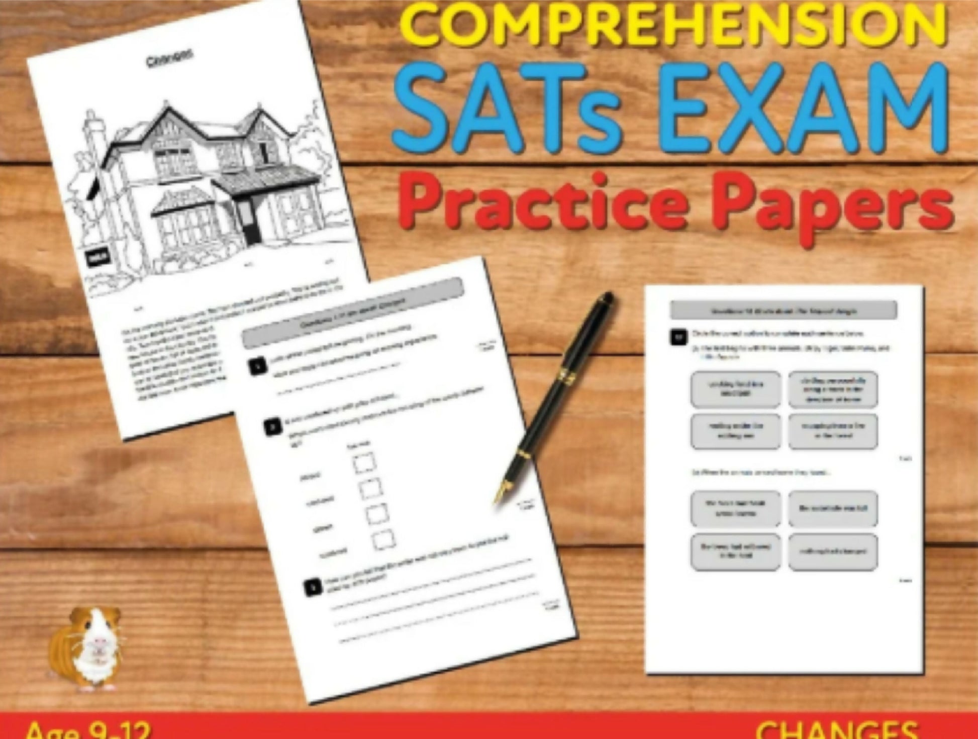 SATs Exam practice papers with a pen on a wooden surface