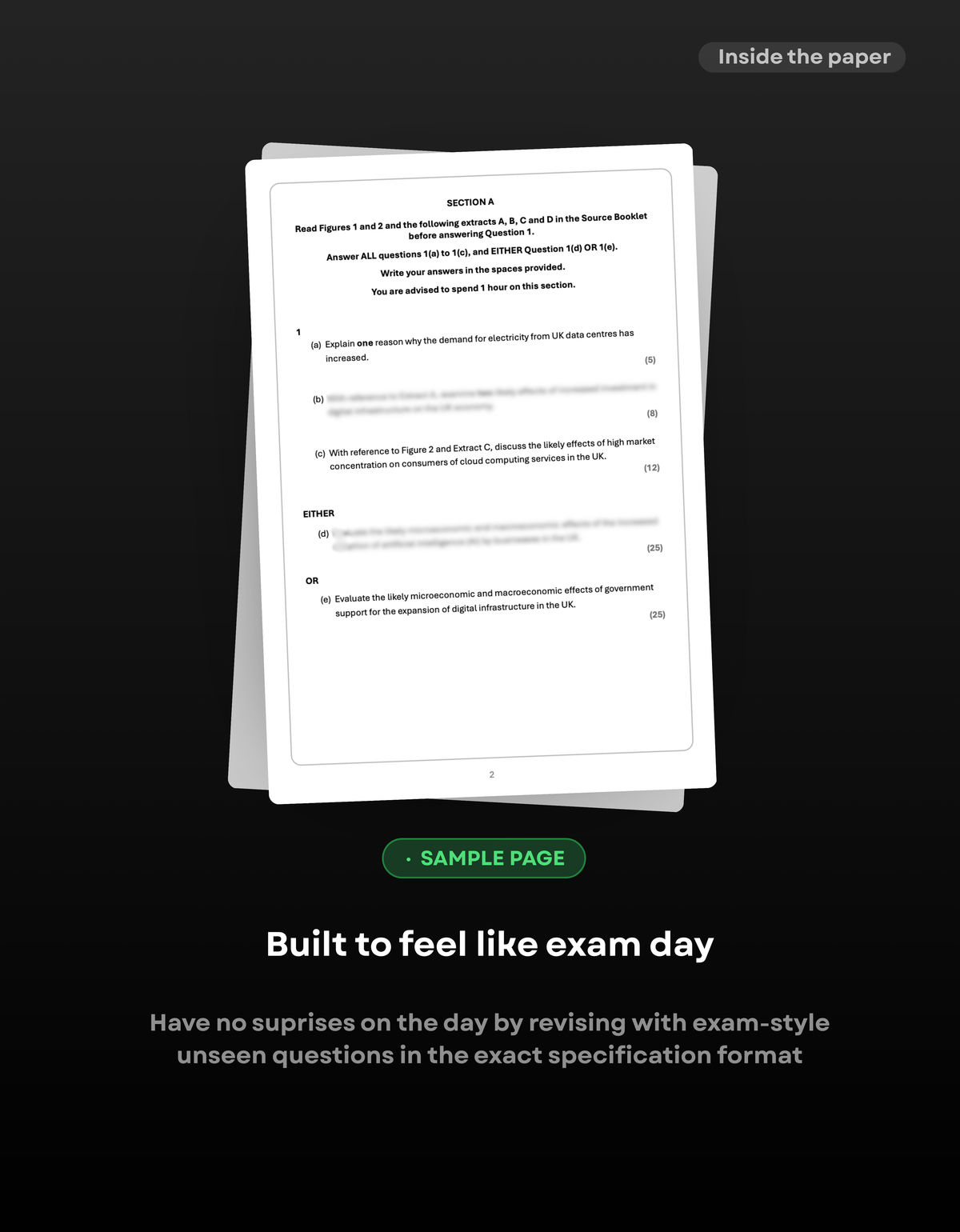 Sample page from the 2027 Edexcel A-Level Economics A Paper 3 predicted exam, showing Section A data-response questions and 25-mark evaluation essays.