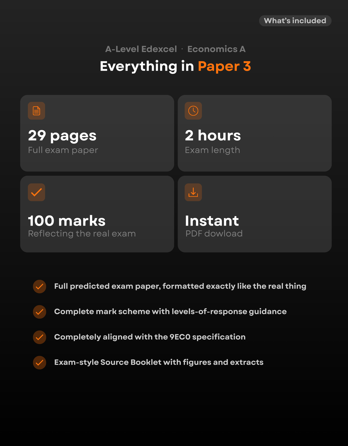 What's included in the 2027 Edexcel A-Level Economics A Paper 3 predicted paper: 29-page exam, 100 marks, 2-hour duration, source booklet and detailed mark scheme.