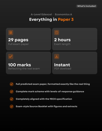 What's included in the 2027 Edexcel A-Level Economics A Paper 3 predicted paper: 29-page exam, 100 marks, 2-hour duration, source booklet and detailed mark scheme.